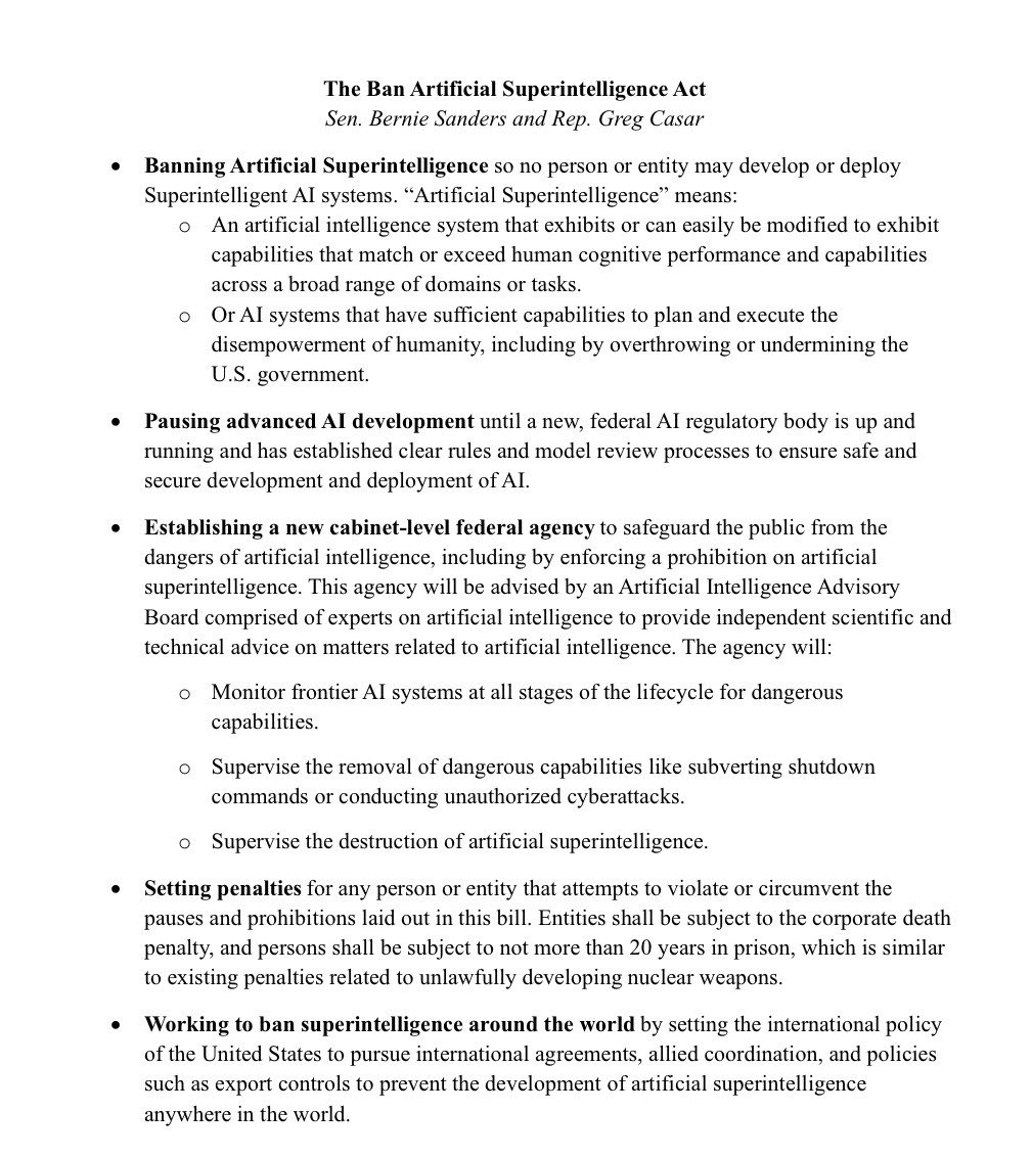 News image from Watcher Guru: JUST IN: 🇺🇸 Senator Bernie Sanders introduces bill to permanently ban AI that exceeds human…