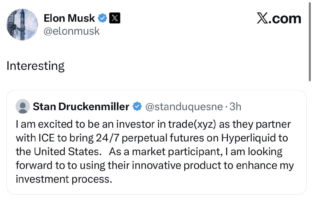 News image from Watcher Guru: JUST IN: Elon Musk reacts to billionaire investor Stan Druckenmiller backing 24/7 Hyperliquid…