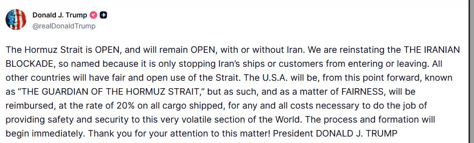 Trump says the Strait of Hormuz will remain open, reinstates a blockade on Iran…