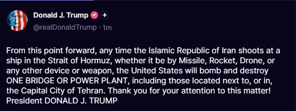 Trump says every Iranian attack on a ship in the Strait of Hormuz will trigger…