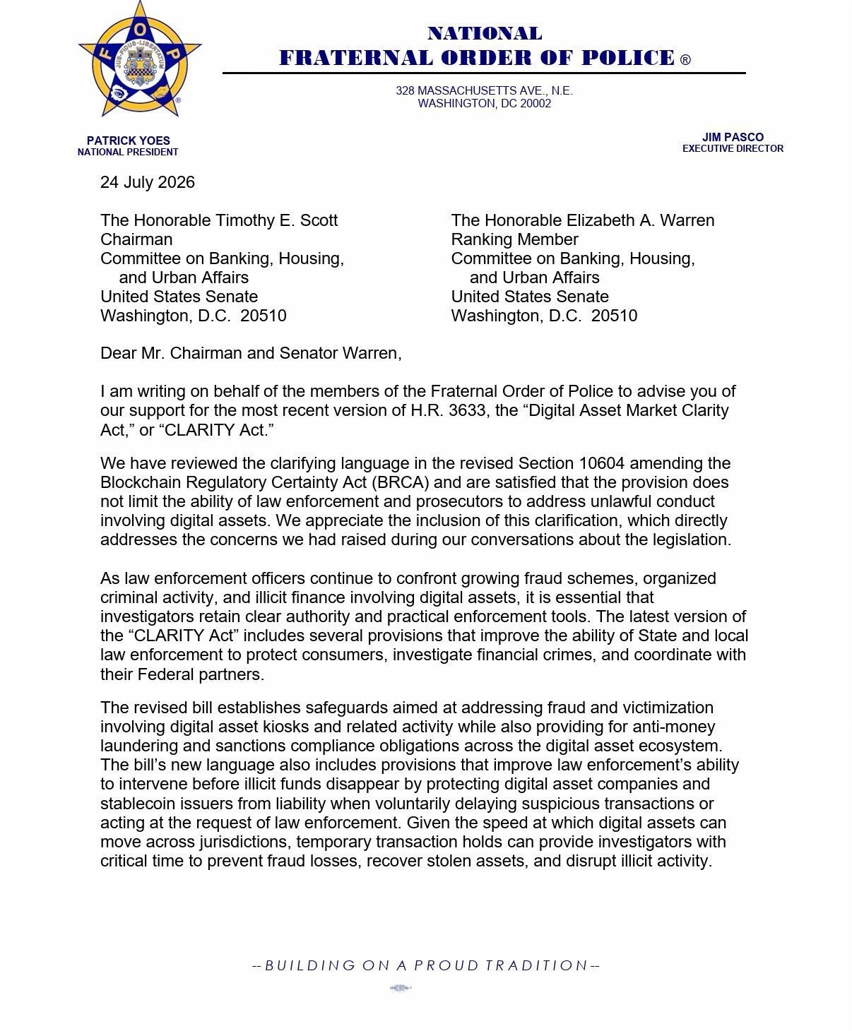 The US Fraternal Order of Police endorses the CLARITY Act after revisions addre…