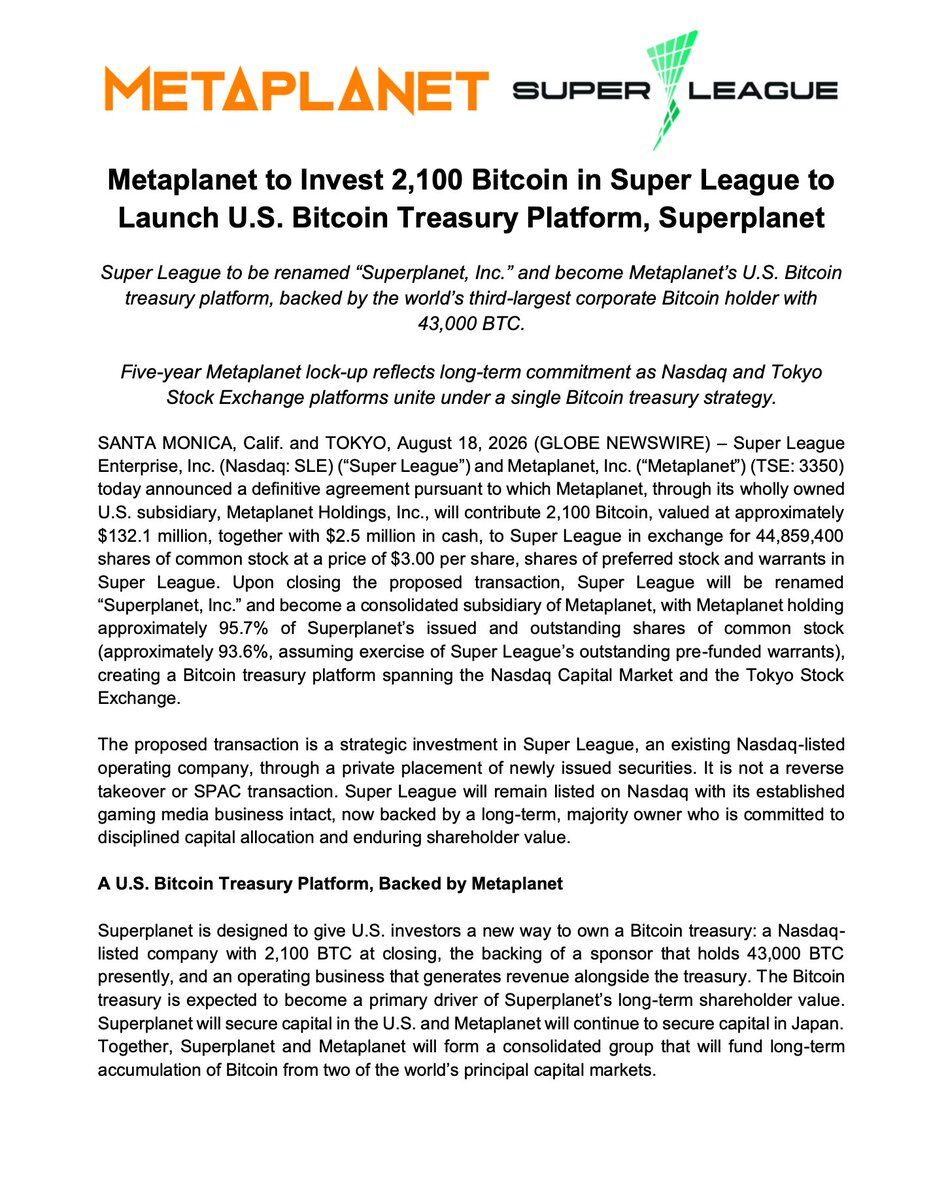 News image from Solid Intel 🛰: Metaplanet to invest 2,100 $BTC in Nasdaq-listed Super League, taking a 95.7% stake and turning…
