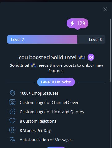 News image from Solid Intel 🛰: ⚡️ We're just a few boosts from Level 8 which is unlocking a new custom emoji for the channel One…